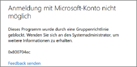 Ein Screenshot zur vollständigen Fehlermeldung von Anmeldung mit Microsoft-Konto nicht möglich.