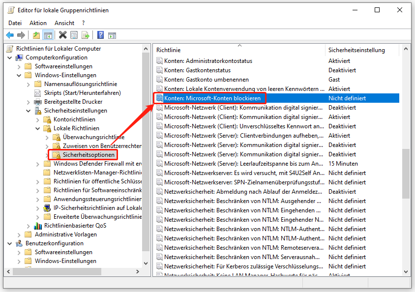Markierung von Konten: Microsoft-Konten blockieren im Editor für lokale Gruppenrichtlinien.