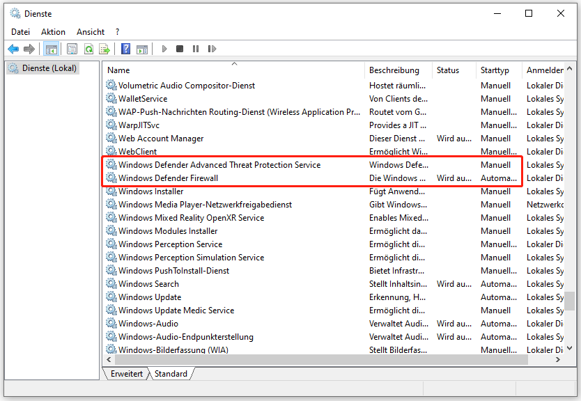 Markierung der beiden Windows Defender-Dienste im Fenster Dienste.