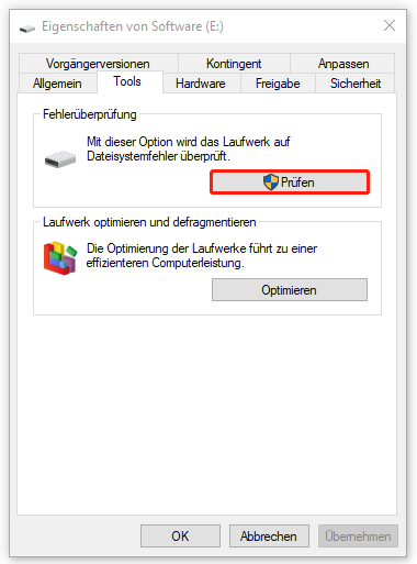 Markierung der Schaltfläche Prüfen unter Tools im Eigenschaften-Fenster.