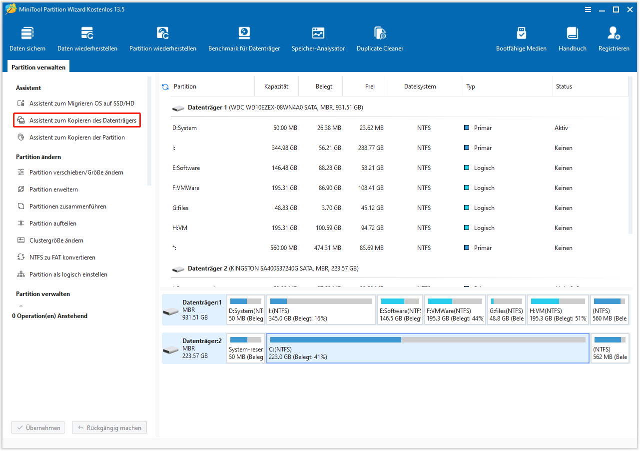 Markierung der Option Assistent zum Kopieren des Datenträgers in MiniTool Partition Wizard.