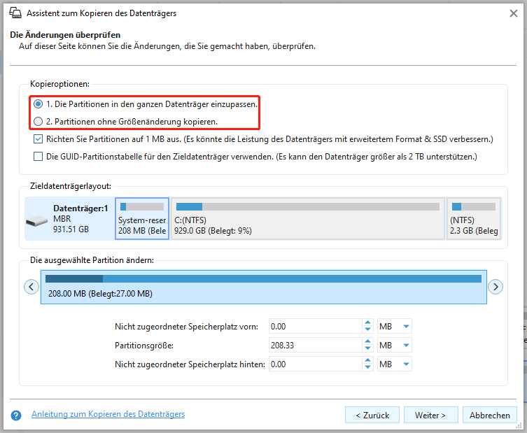 Markierung von zwei Kopieroptionen im Fenster Assistent zum Kopieren des Datenträgers.