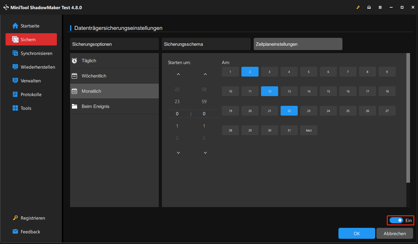 Ein Screenshot über die Einrichtung einer automatischen Sicherung in MiniTool ShadowMaker.