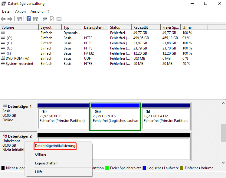 Hinzufügen eines Laufwerksbuchstabens in der Datenträgerverwaltung