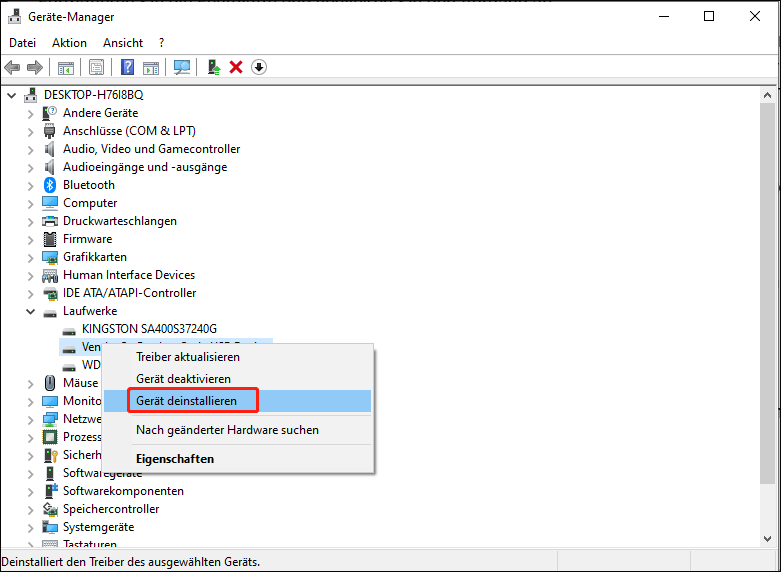 Deinstallation des Datenträgers im Geräte-Manager