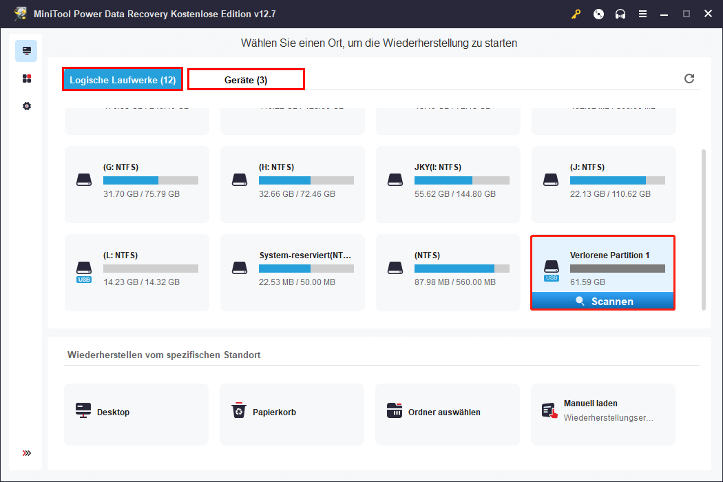 Scan der verlorenen Partition in MiniTool Power Data Recovery