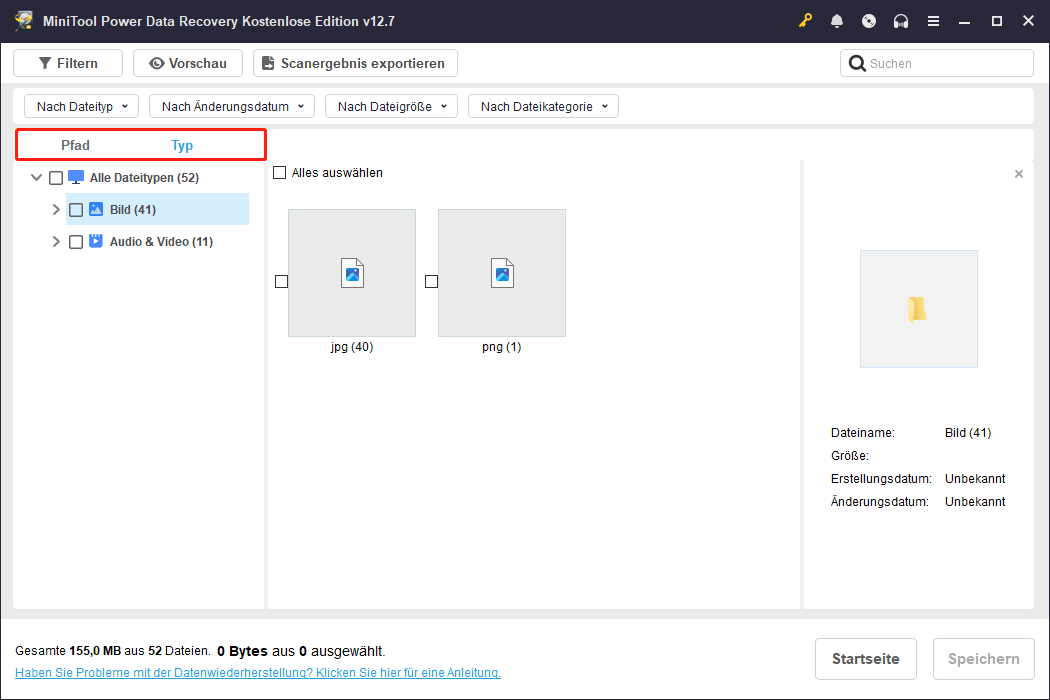Dateien unter Pfad und Typ in MiniTool Power Data Recovery