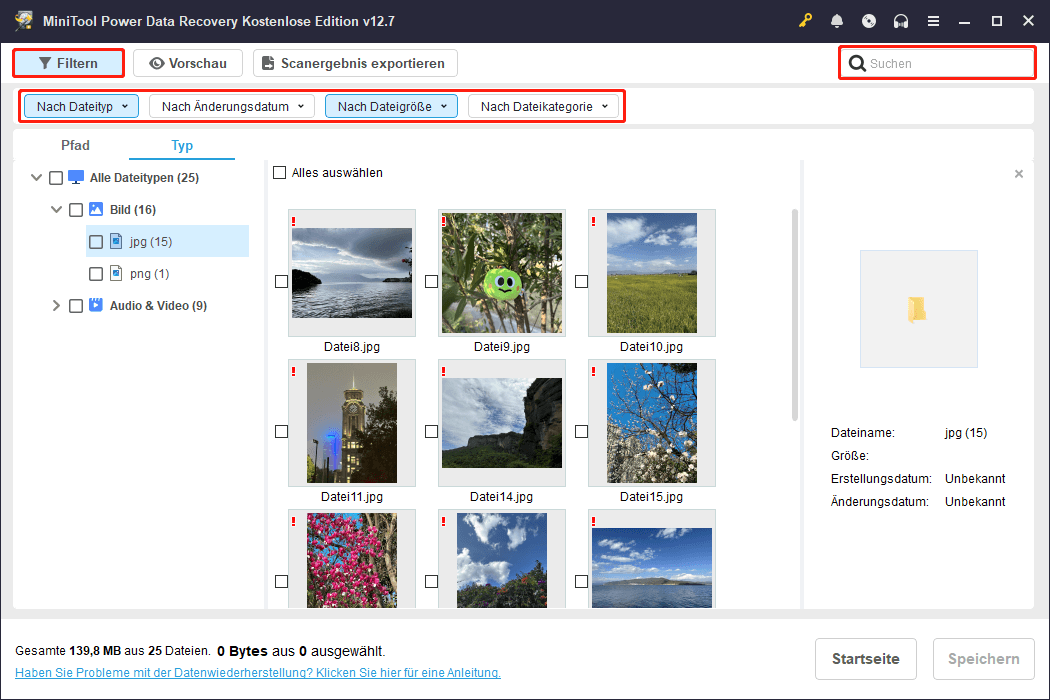 Die Funktionen Filtern und Suchen in MiniTool Power Data Recovery