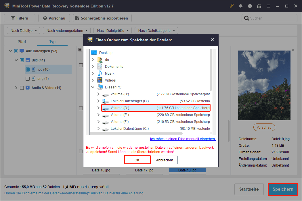 Speicherung wiederhergestellter Dateien in MiniTool Power Data Recovery