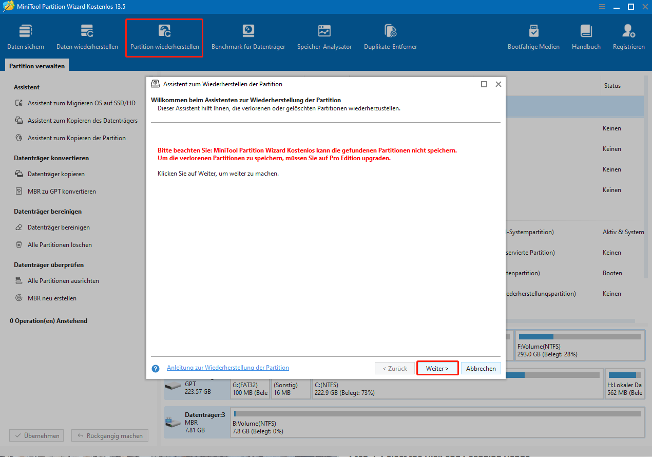 Auswahl der Partition-Recovery-Option in MiniTool Partition Wizard