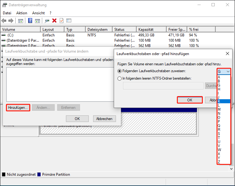 Hinzufügen eines Laufwerksbuchstabens in der Datenträgerverwaltung