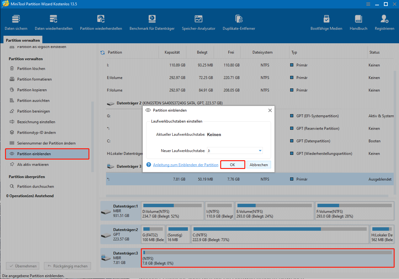 Einblenden der Partition in MiniTool Partition Wizard