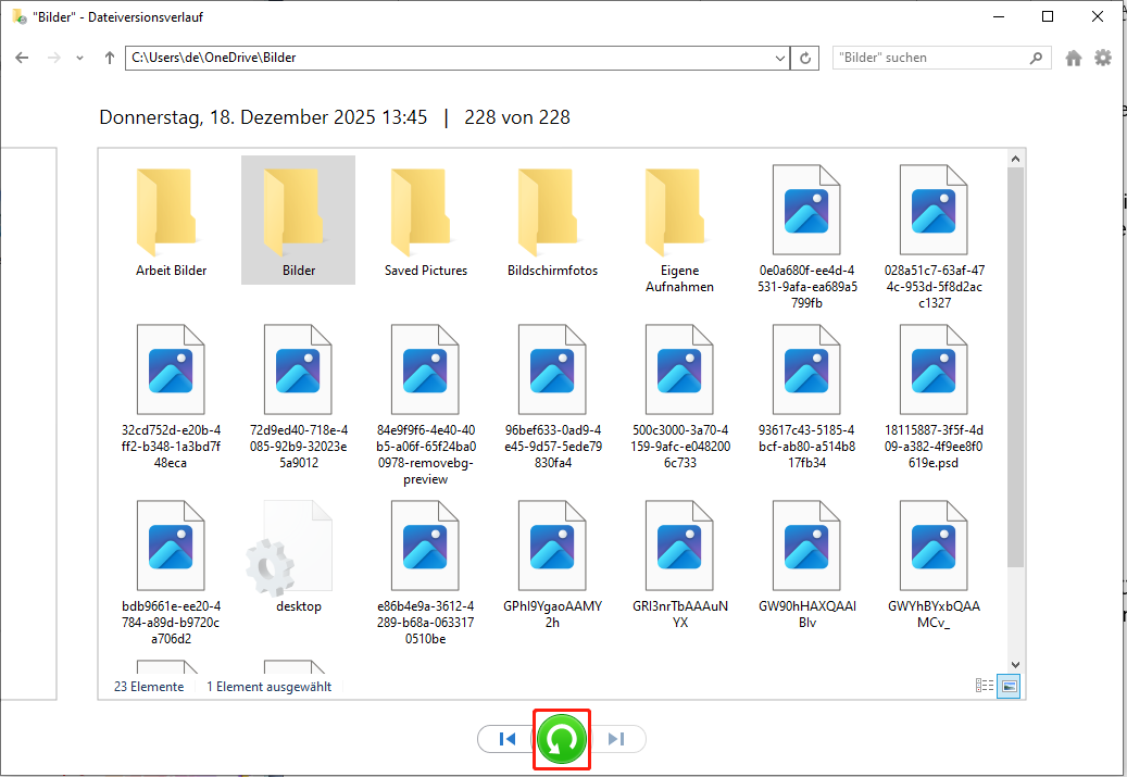 Wiederherstellung der ausgewählten Dateien mithilfe des Dateiversionsverlaufs.