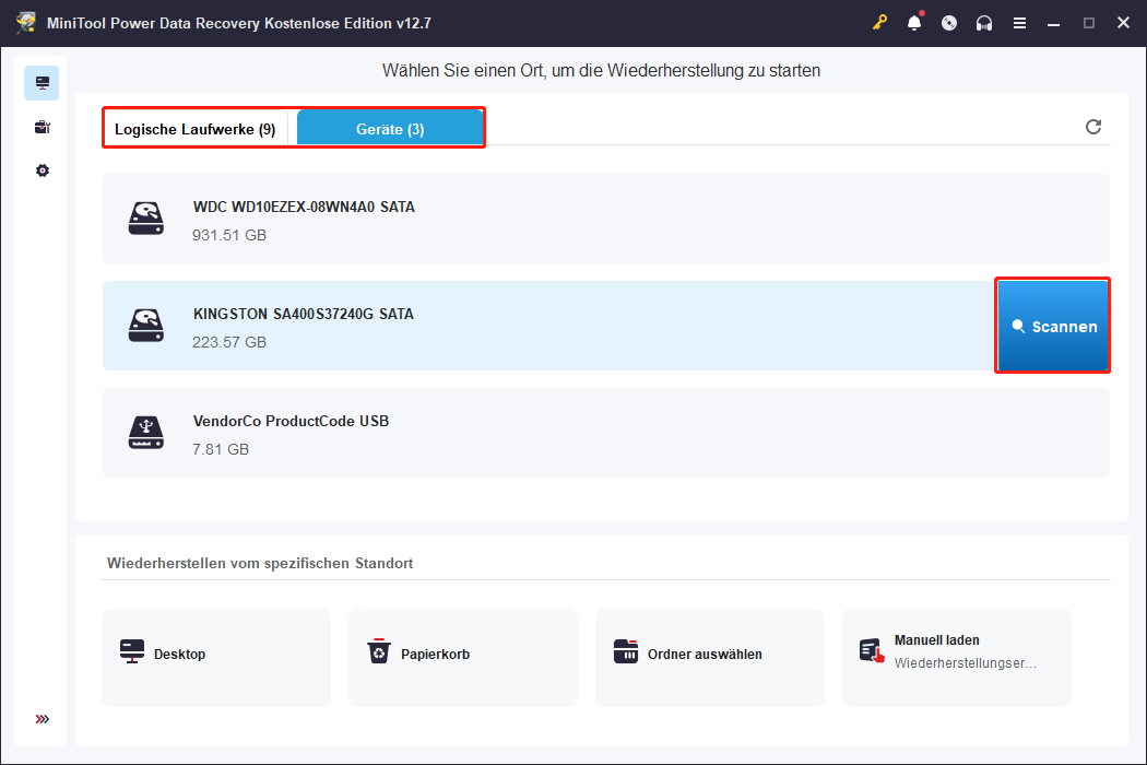 Scannen der Festplatte nach verlorenen Dateien in MiniTool Power Data Recovery.
