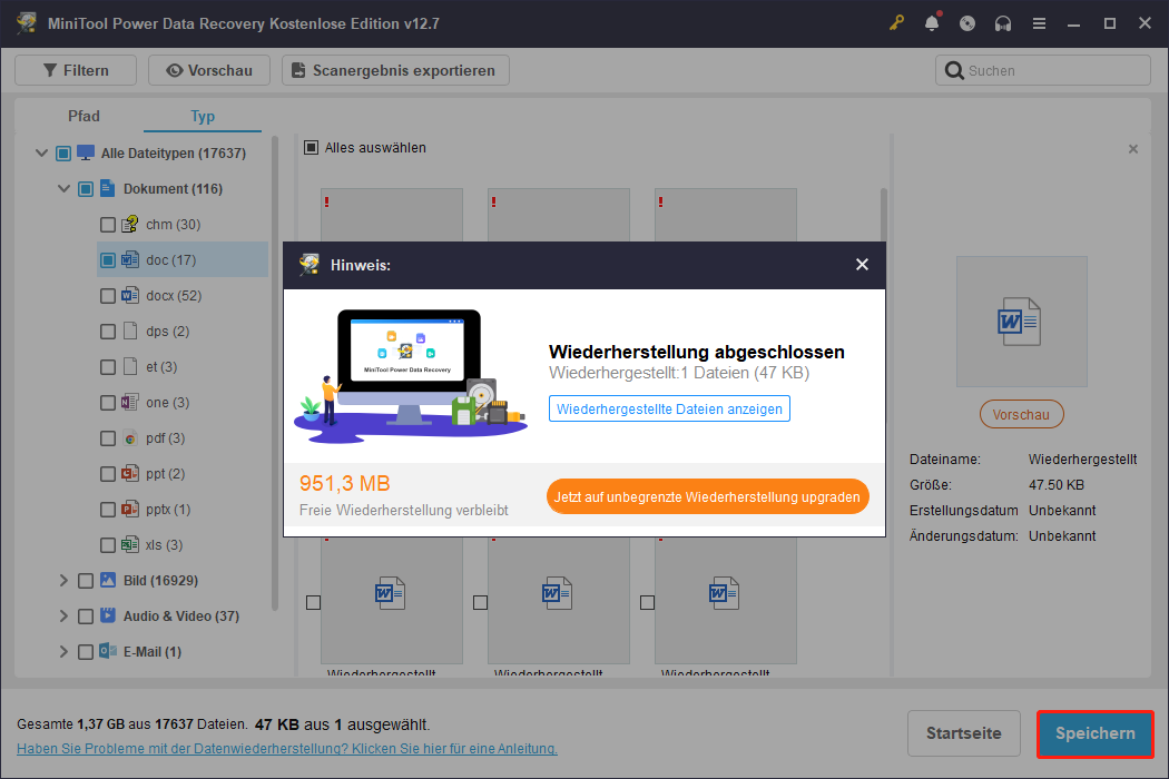 Wiederherstellung von Dateien in MiniTool Power Data Recovery.