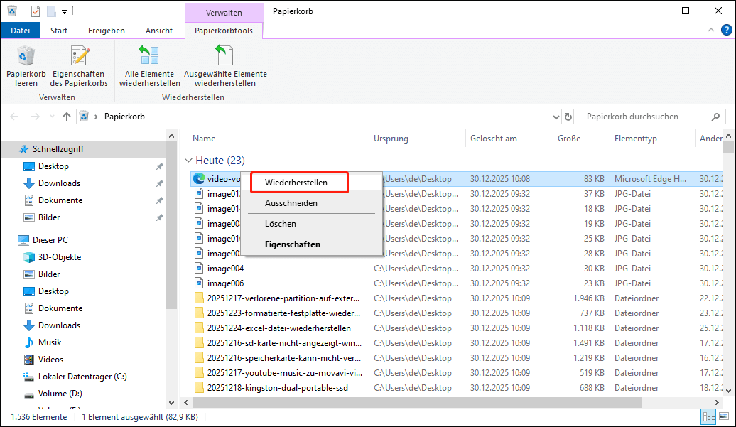 Wiederherstellung von Dateien aus dem Papierkorb.