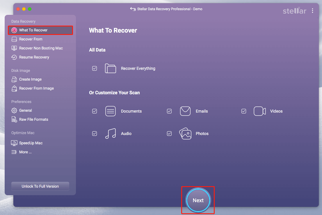 Auswahl der Dateitypen zur Wiederherstellung in Stellar Data Recovery for Mac.