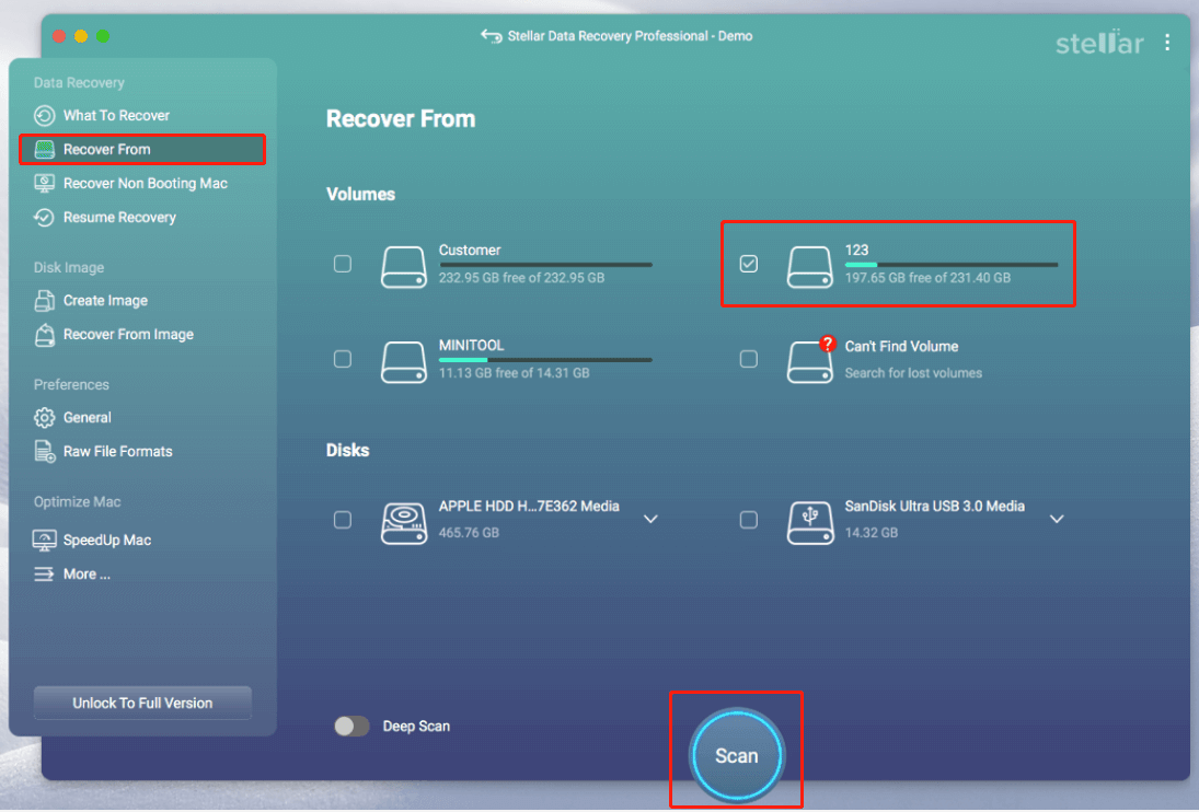 Auswahl des Zielvolumens zum Scannen in Stellar Data Recovery for Mac.