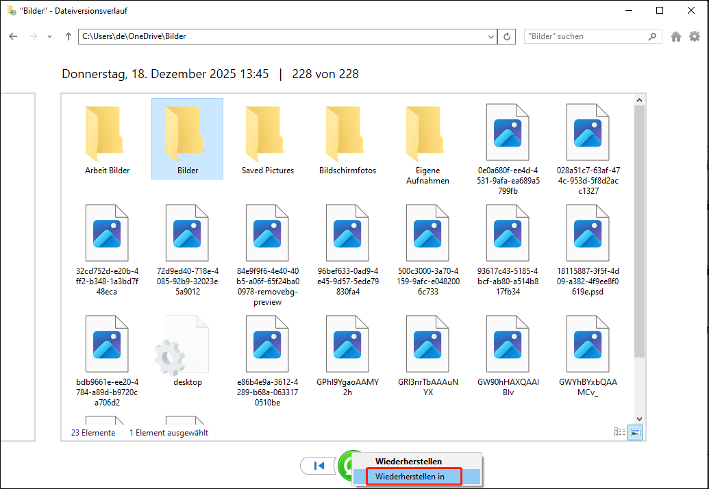 Wiederherstellung von Sicherungsdateien an einem anderen Speicherort mithilfe des Dateiversionsverlaufs.