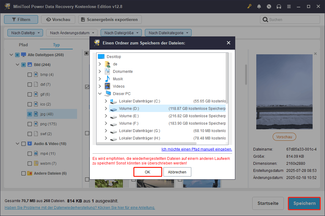 Speicherung der markierten Dateien an einem Speicherort in MiniTool Power Data Recovery.
