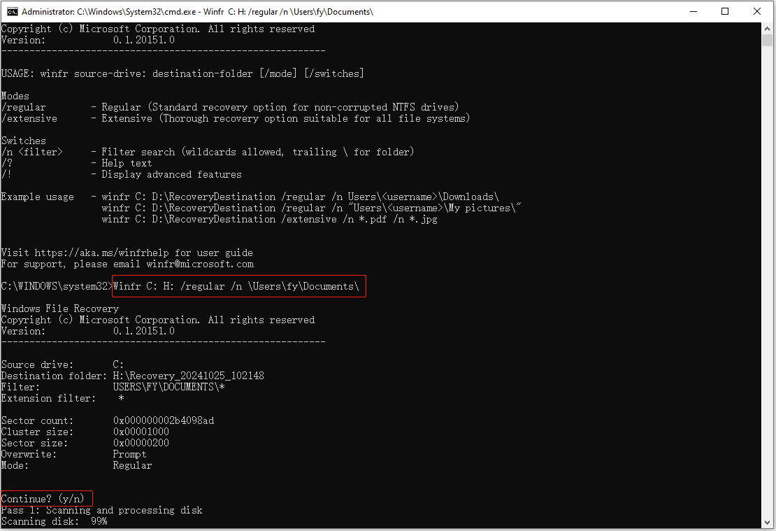 Wiederherstellung von Dateien mithilfe von Windows File Recovery.