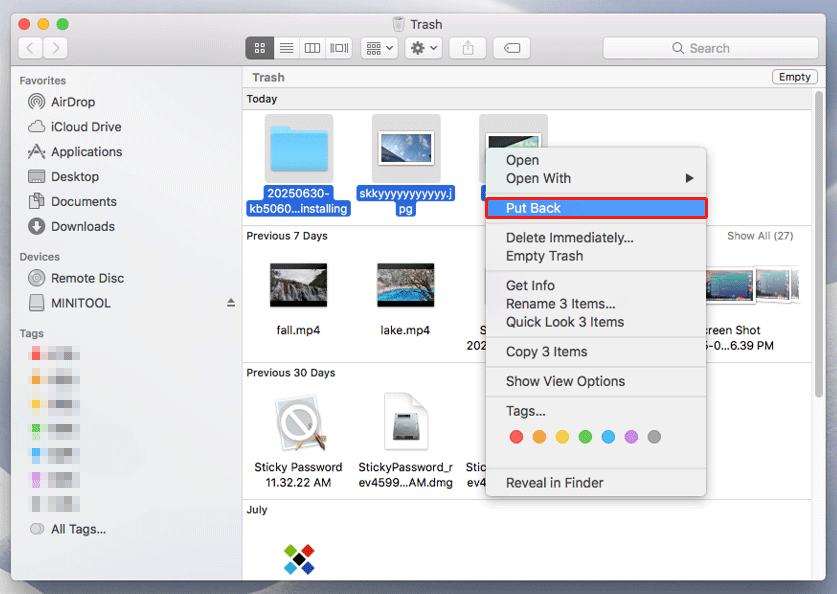 Wiederherstellung gelöschter Dateien aus dem Papierkorb auf dem Mac.