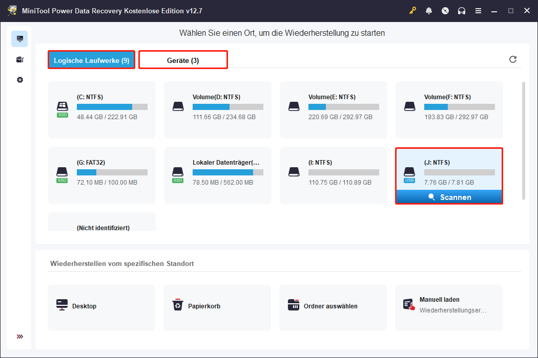 Die Auswahl des Laufwerks zum Scannen in MiniTool Power Data Recovery.