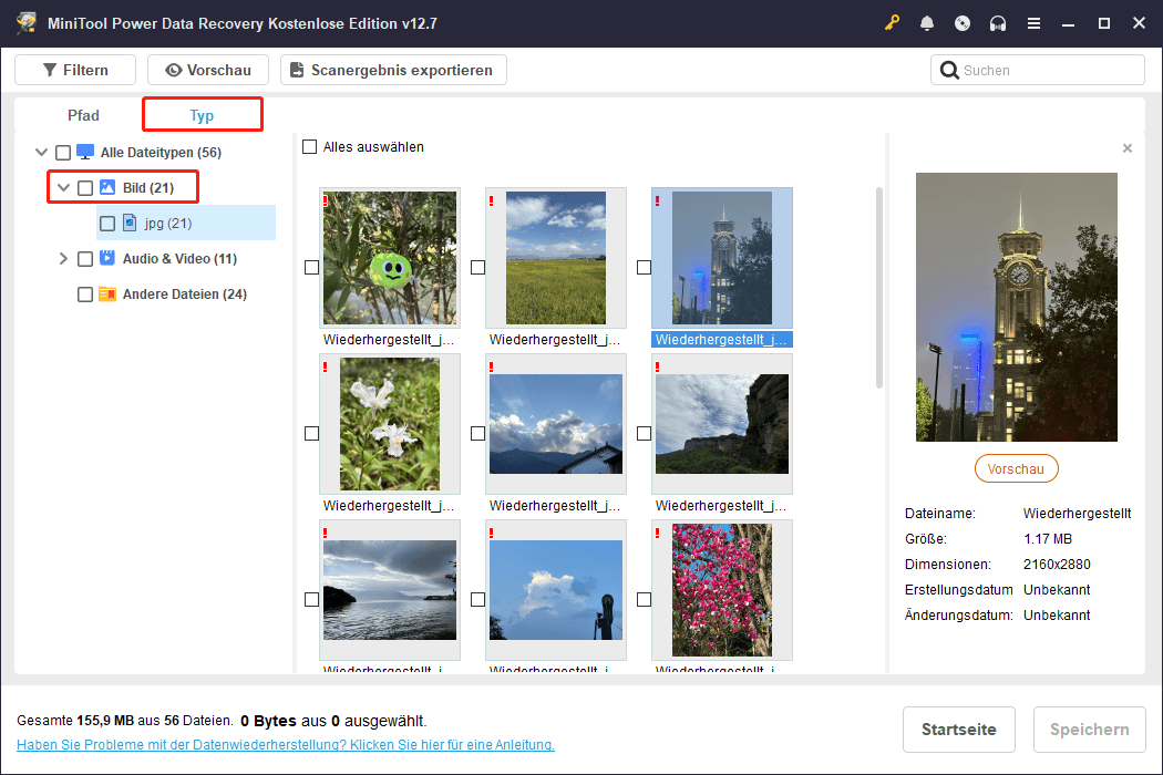 Gefundene Fotos unter der Registerkarte Typ in MiniTool Power Data Recovery durchsuchen.