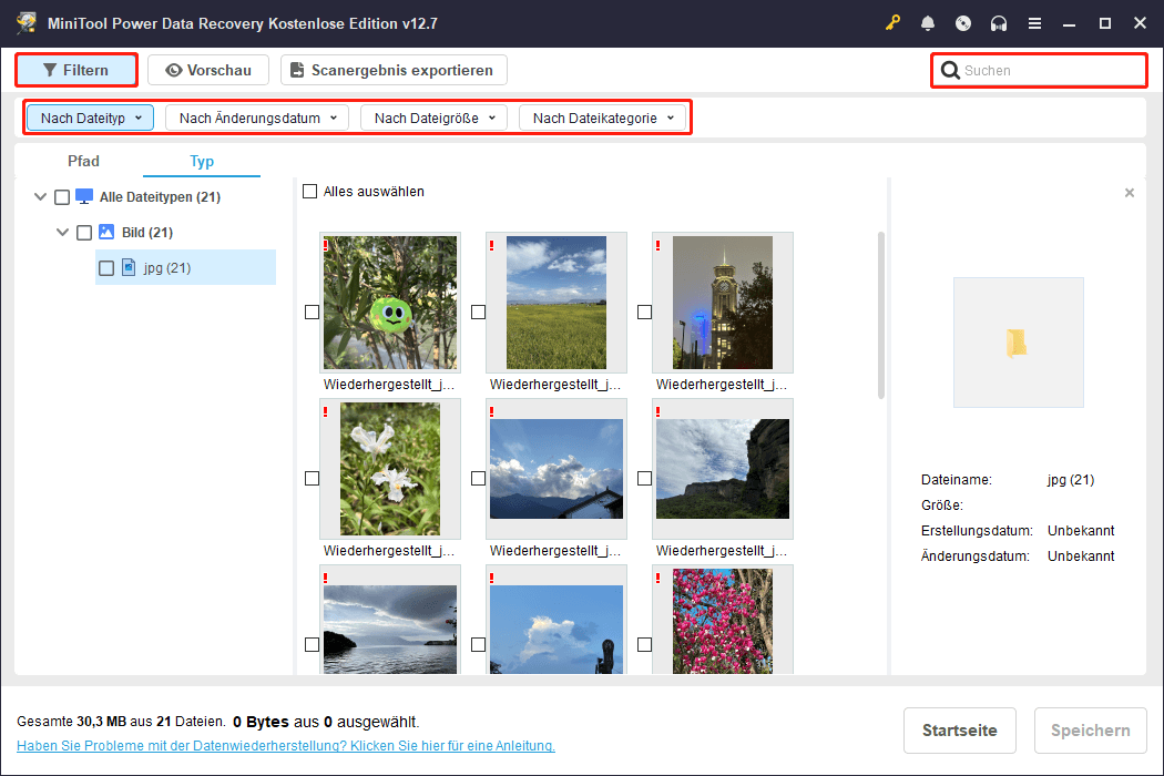 Die Verwendung der Filter- und Suchfunktionen in MiniTool Power Data Recovery.