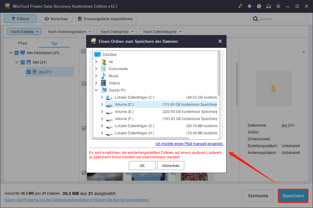 Ausgewählte Fotos in einem Ordner in MiniTool Power Data Recovery speichern.
