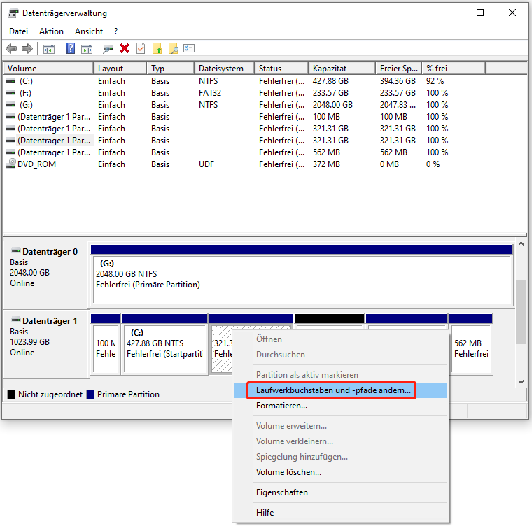 Auswahl der Option Laufwerksbuchstaben und -pfade ändern in der Datenträgerverwaltung.