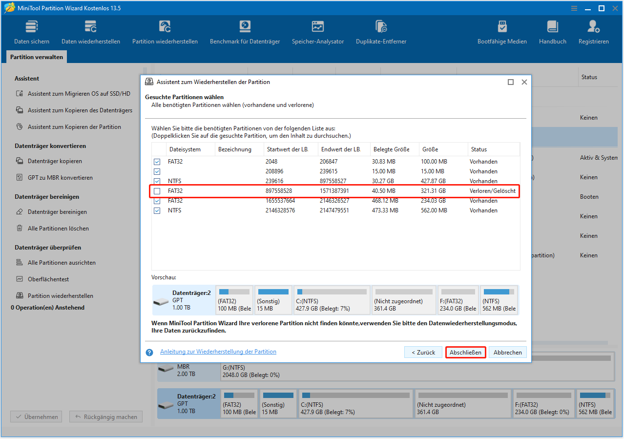 Markieren Sie alle benötigten Partitionen in MiniTool Partition Wizard.