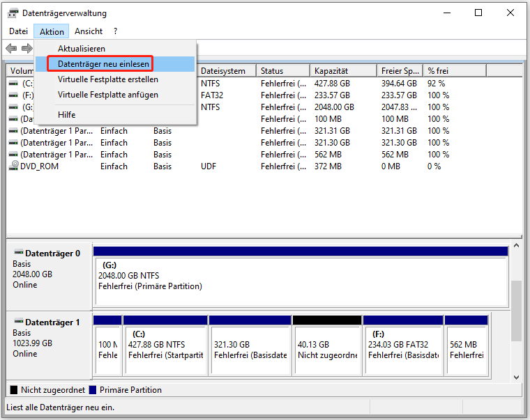 Scannen Sie Ihre Festplatten in der Datenträgerverwaltung erneut.