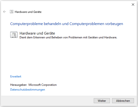 Führen Sie den Hardware- und Geräte-Problembehandlung aus.