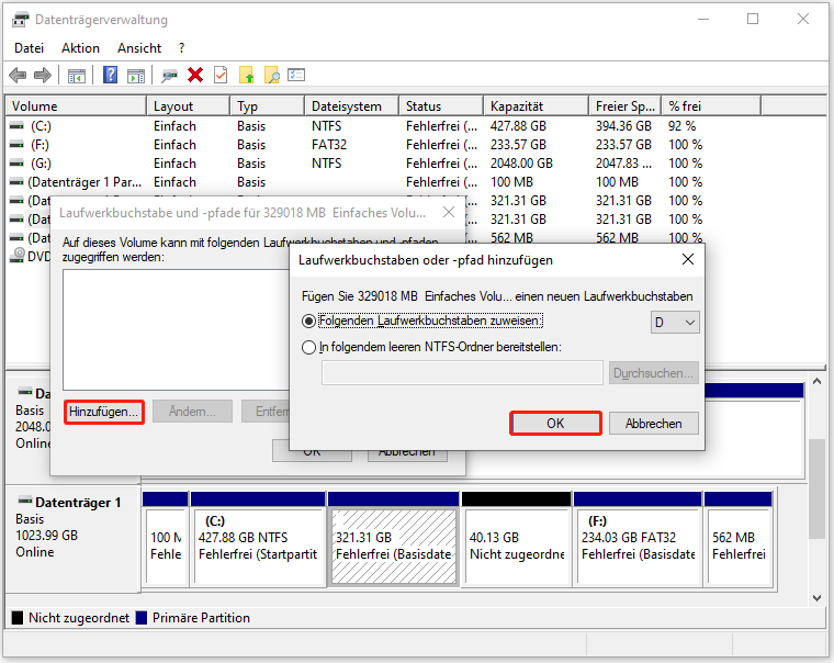 Laufwerksbuchstaben in der Datenträgerverwaltung zuweisen.