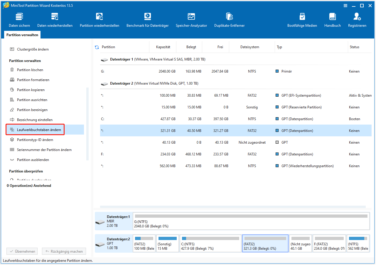 Laufwerksbuchstaben in MiniTool Partition Wizard ändern.