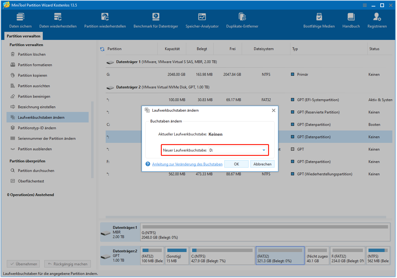 Laufwerksbuchstaben in MiniTool Partition Wizard auswählen.