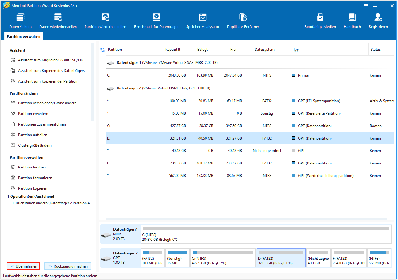 Die Schaltfläche Übernehmen, um den Vorgang in MiniTool Partition Wizard auszuführen.