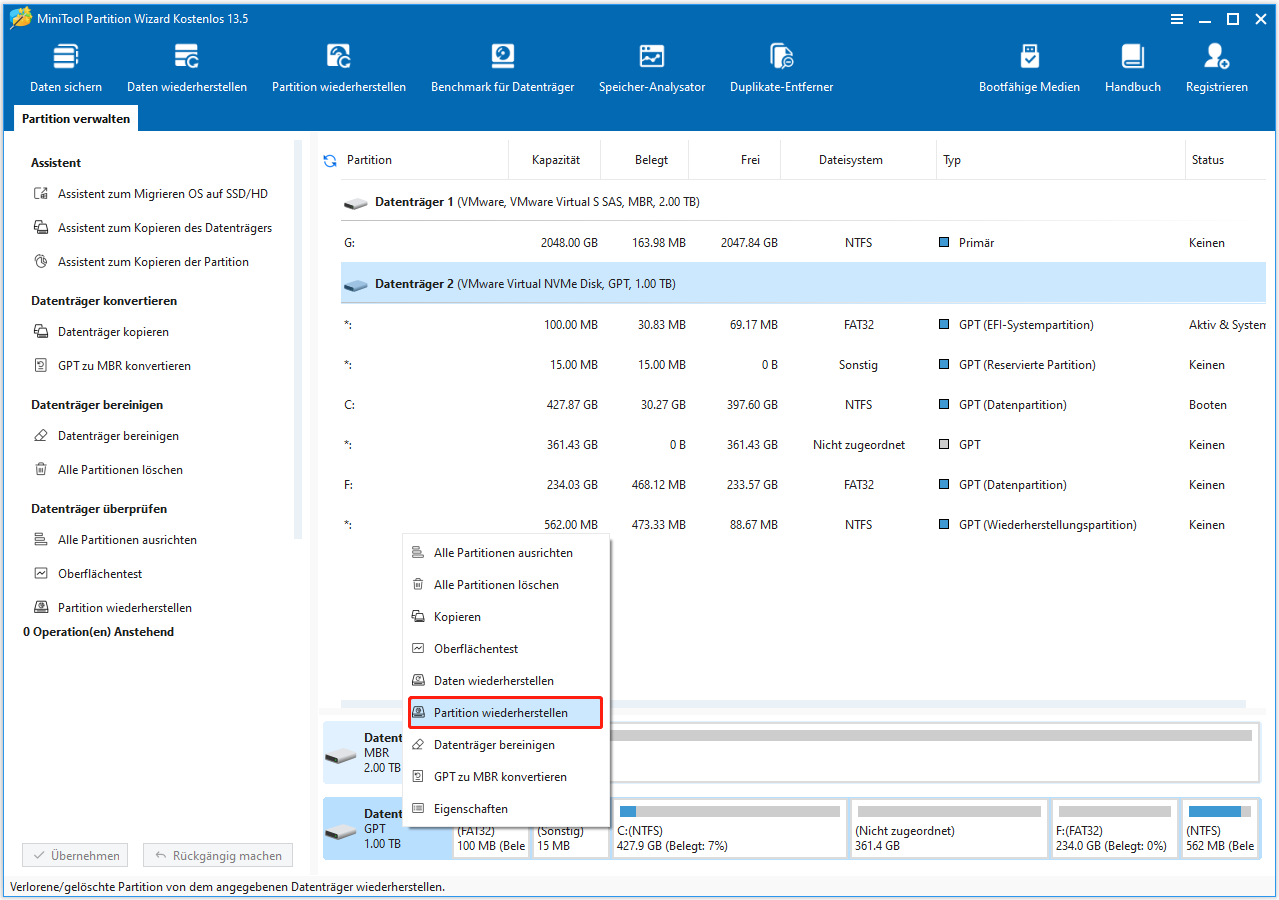 Auswahl der Funktion Partition wiederherstellen in MiniTool Partition Wizard.