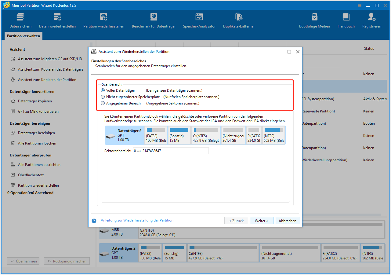 3 Auswahl vom Scanbereich bei der Partitionswiederherstellung in MiniTool Partition Wizard.