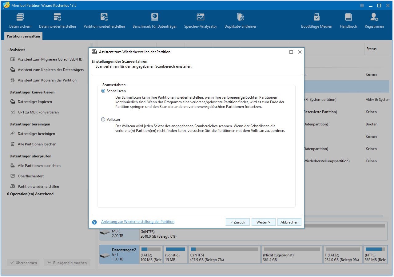 Legen Sie eine Scanmethode in MiniTool Partition Wizard fest.