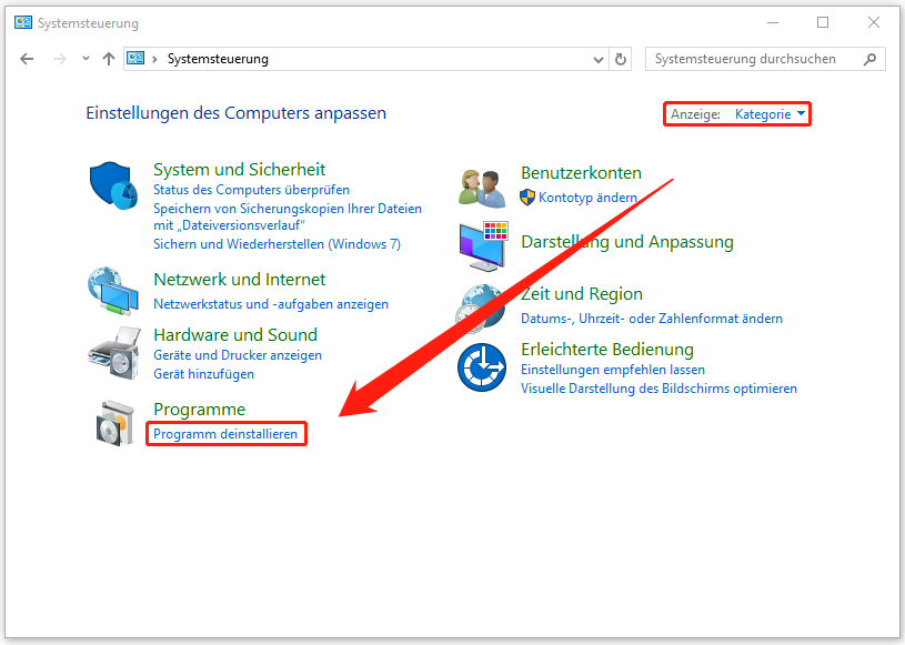 Markierung von Programm deinstallieren unter Programme in der Systemsteuerung.