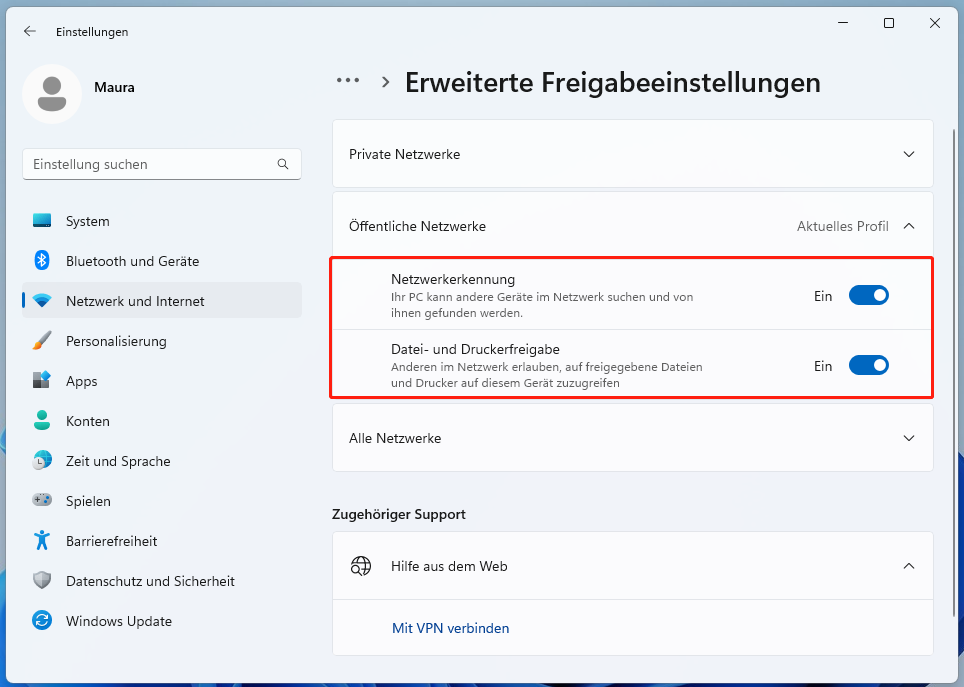 Markierung der beiden Option Netzwerkerkennung und Datei- und Druckerfreigabe in den Windows-Einstellungen.
