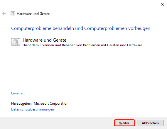 Ausführung der Problembehandlung für Hardware und Geräte