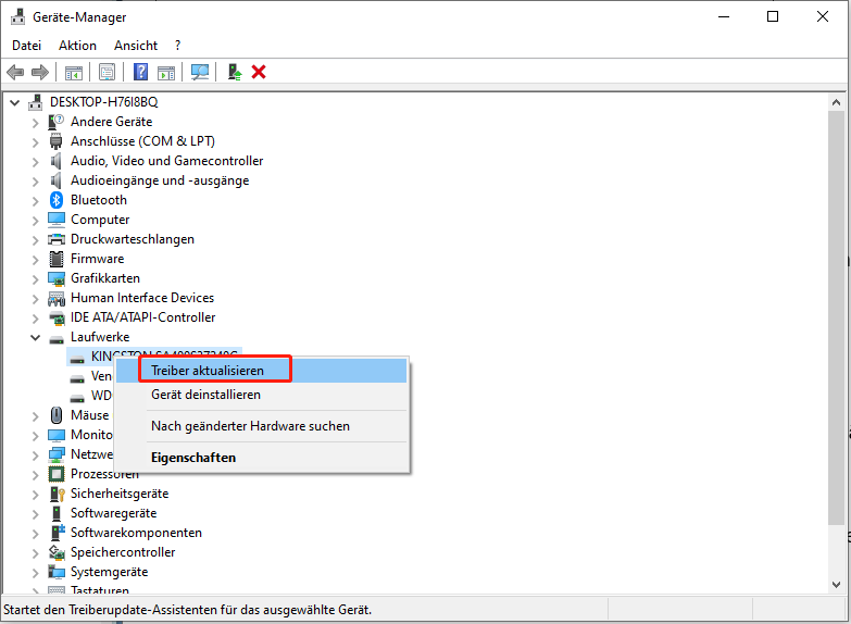 Aktualisierung des Kartentreibers im Geräte-Manager