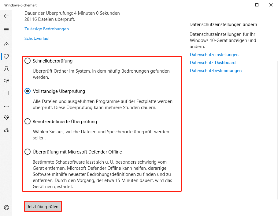 Auswahl einer Scanoption und Start des Scans in der Windows-Sicherheit