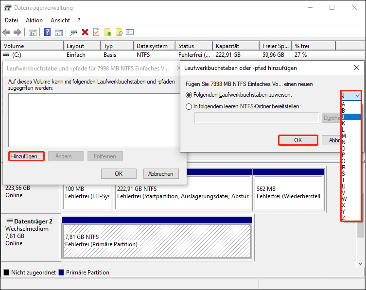 Hinzufügen eines Laufwerksbuchstabens in der Datenträgerverwaltung