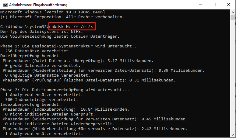 Verwendung des CHKDSK-Befehls zur Erkennung und Reparatur von Dateisystemfehlern auf dem Laufwerk H