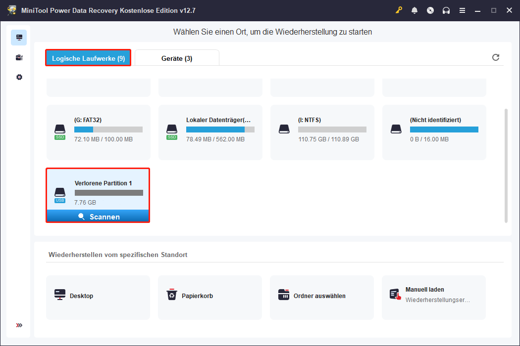 Auswahl der verlorenen Partition zum Scannen in MiniTool Power Data Recovery