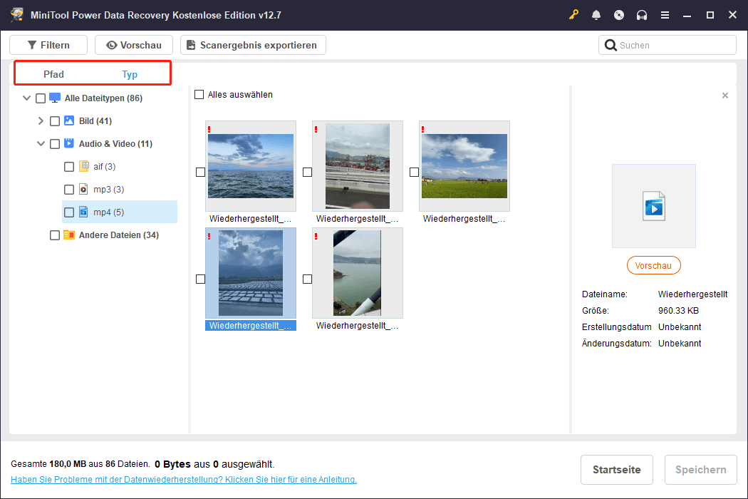 Anzeige von Dateien nach Dateipfad und Dateityp in MiniTool Power Data Recovery